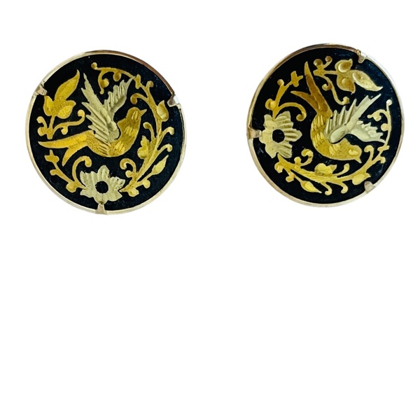 Vintage Earrings Black and Gold Enamel Birds - Picture 2 of 5